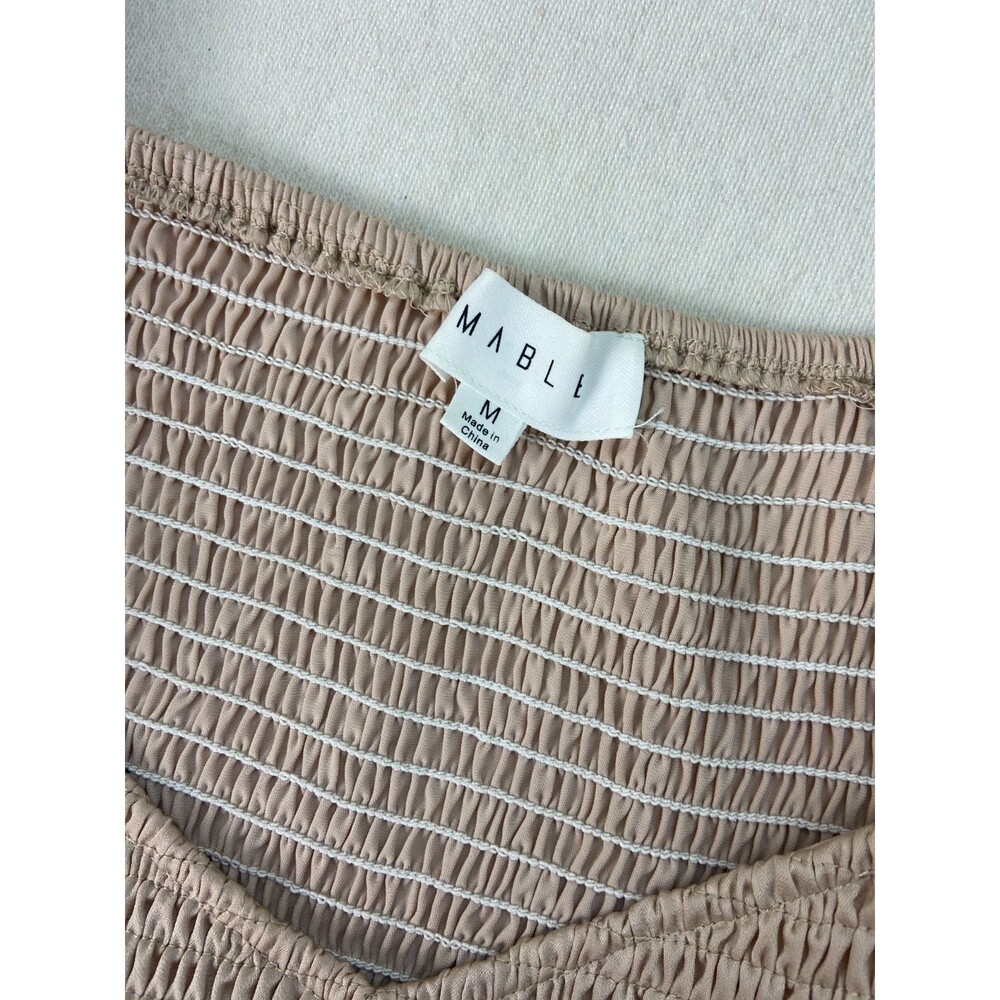 Mable Size M Babydoll Beige Cream Smocked Ruffle Mini Dress Stretch Party STAINS - Picture 4 of 12